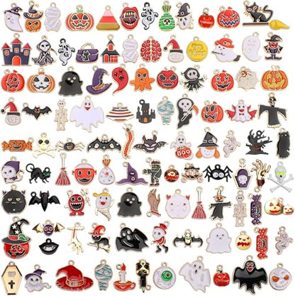 SANNIX 110Pcs Halloween Charms Gold Enamel Jewelry Making Charms | for Halloween Bracelet Necklace Making and Decoration Accessories - style: Halloween Charms
