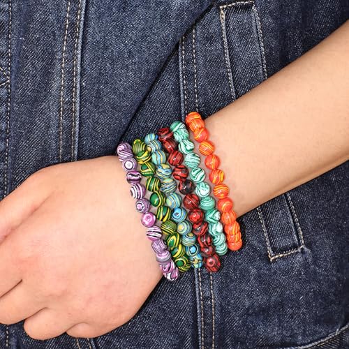 18Pcs Malachite Pattern Beaded Bracelets Set for Women Men, 8mm Round Beads Stretch Bracelets, 7.28 Inch Elastic Stackable Bracelets, Colorful Handmade Wristbands for Party Favors, Gifts, Daily Wear