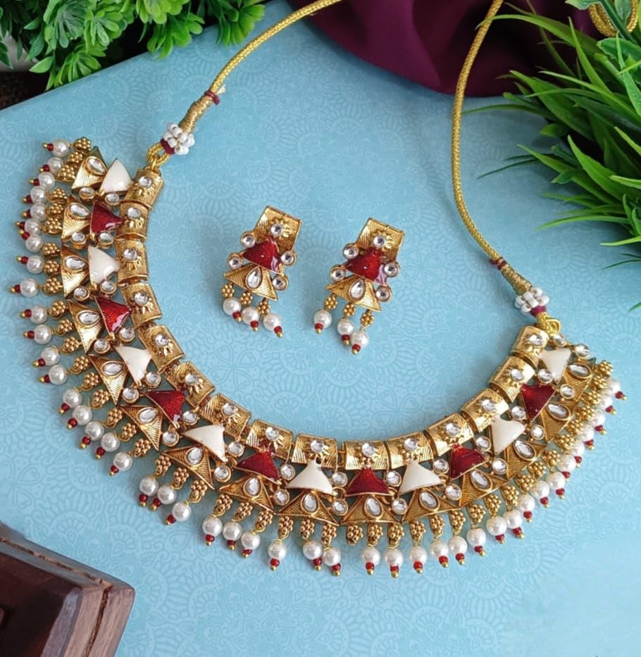 Efulgenz Indian Wedding Antique Crystal Faux Pearl Necklace Set for Women - color: Red
