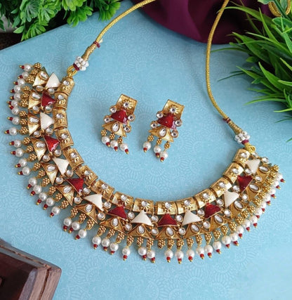 Efulgenz Indian Wedding Antique Crystal Faux Pearl Necklace Set for Women - color: Red