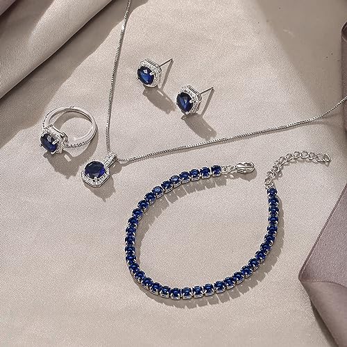 EVER FAITH Wedding Jewelry Set for Bride Bridesmaid, Glamour Teardrop Cubic Zirconia Pendant Necklace Earrings Tennis Bracelet Open Ring Sets for Birthday/Valentine's Day/Mother's Day/Christmas - color: B_Sapphire Blue