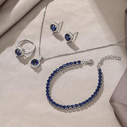 EVER FAITH Wedding Jewelry Set for Bride Bridesmaid, Glamour Teardrop Cubic Zirconia Pendant Necklace Earrings Tennis Bracelet Open Ring Sets for Birthday/Valentine's Day/Mother's Day/Christmas - color: B_Sapphire Blue