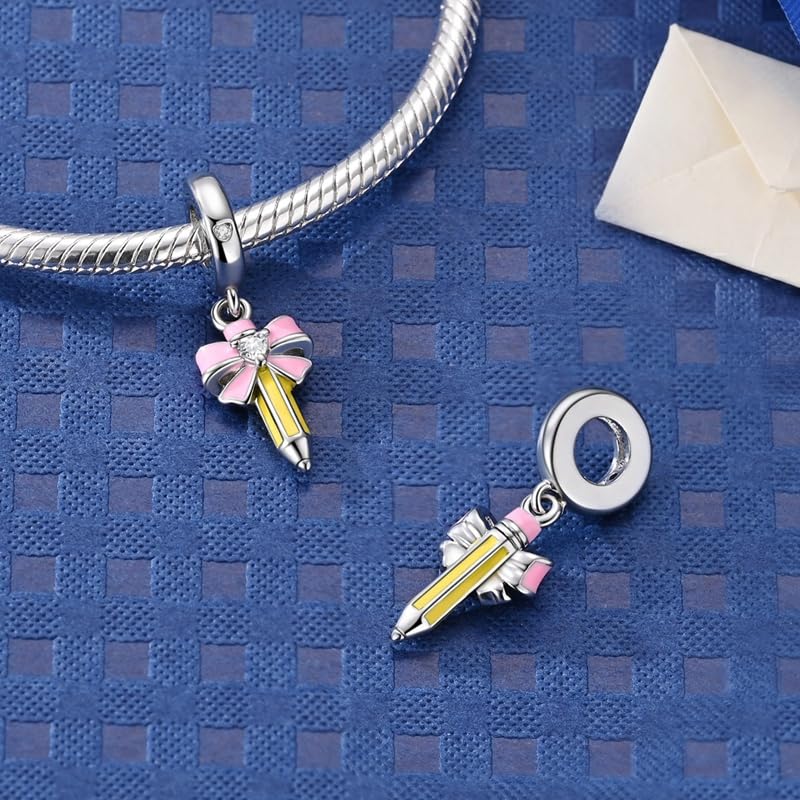 925 Sterling Silver Charms for Bracelets and Necklaces Beads Jewelry Charms for Women - color: Pink Bow Pencil Charm