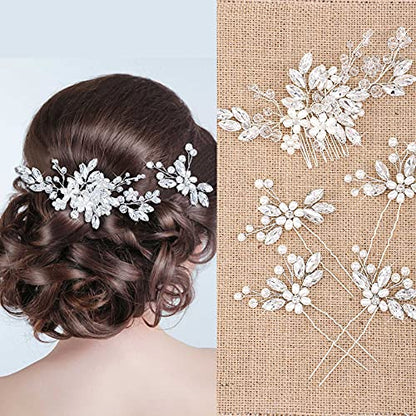 5 Pieces Wedding Hair Comb Bridal Pins Crystal Pearl Wedding Hair Accessories Rhinestone Flower Piece for Bride Bridesmaids Women(Silver) - color: Silver
