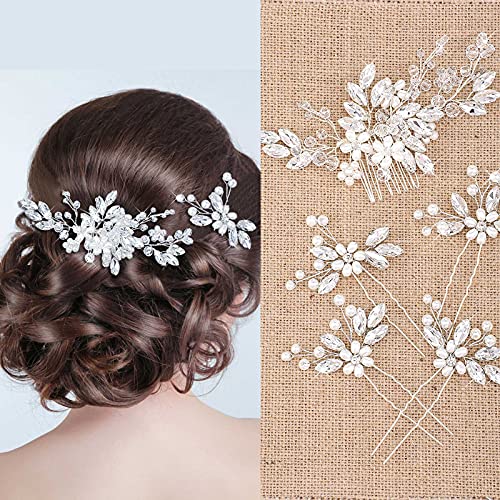 5 Pieces Wedding Hair Comb Bridal Pins Crystal Pearl Wedding Hair Accessories Rhinestone Flower Piece for Bride Bridesmaids Women(Silver) - color: Silver