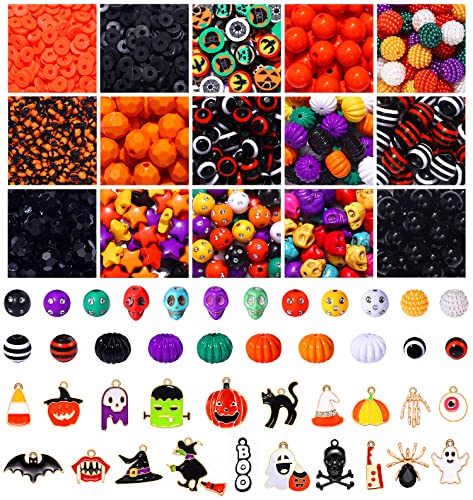 2200PCS+ Halloween Beads Charms for Jewelry Making Polymer Clay Beads Pumpkin Skull Evil Eye Beads Enamel Ghost Spider Charms for DIY Bracelet Necklace Earrings