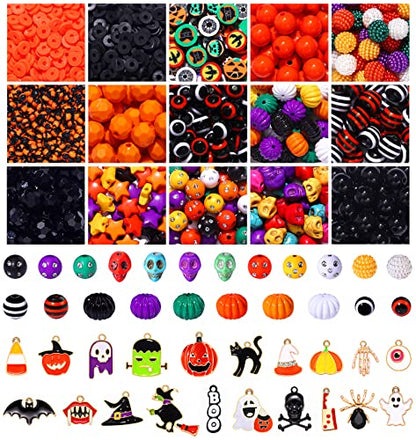 2200PCS+ Halloween Beads Charms for Jewelry Making Polymer Clay Beads Pumpkin Skull Evil Eye Beads Enamel Ghost Spider Charms for DIY Bracelet Necklace Earrings