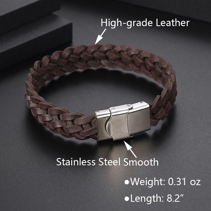 Men's Leather Bracelet, Stackable Stainless Steel Clasp Bracelets for Men Stylish Birthday, Thanksgiving, Valentine's Day Gift for My Man (8.2" Braided Brown Leather) | Men's Accessory, Leather Band, Stainless Steel, Wrist Bracelet