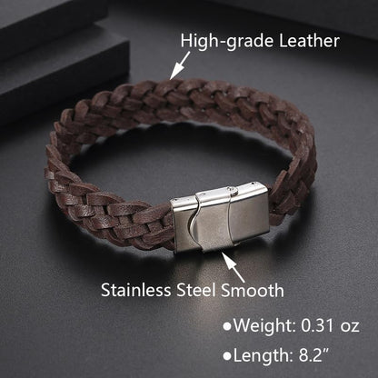 Men's Leather Bracelet, Stackable Stainless Steel Clasp Bracelets for Men Stylish Birthday, Thanksgiving, Valentine's Day Gift for My Man (8.2" Braided Brown Leather) | Men's Accessory, Leather Band, Stainless Steel, Wrist Bracelet