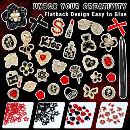 RidaaFri Junk Phone Case Charms Kit, Red Black 3D Large Charms Set | DIY Case Craft Flatback Rhinestone Gems with Bow Flower Heart Rose, Phone Making Supplies Women Aesthetic Personalization - color: Black/Red