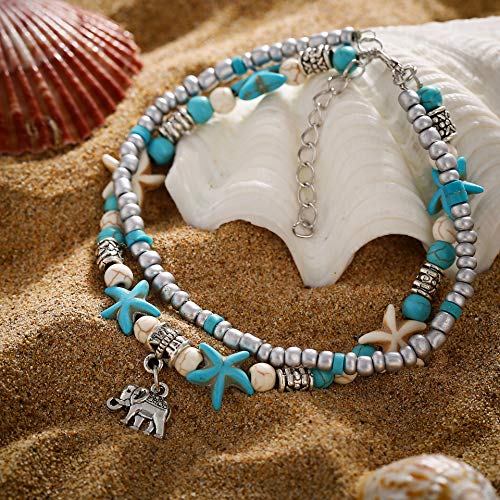 Softones Blue Starfish Turtle Anklet Multilayer Charm Beads Sea Handmade Boho Anklet Foot Jewelry for Women - style: J:Elephant