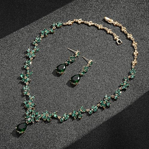 Jewelry Set for Women, Necklace Dangle Earrings Bracelet Set with White AAA Cubic Zirconia, Allergy Free Wedding Party Jewelry for Bridal Bridesmaid - color: Necklace + Earrings-Gold-Green Emerald CZ