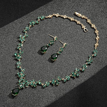 Jewelry Set for Women, Necklace Dangle Earrings Bracelet Set with White AAA Cubic Zirconia, Allergy Free Wedding Party Jewelry for Bridal Bridesmaid - color: Necklace + Earrings-Gold-Green Emerald CZ