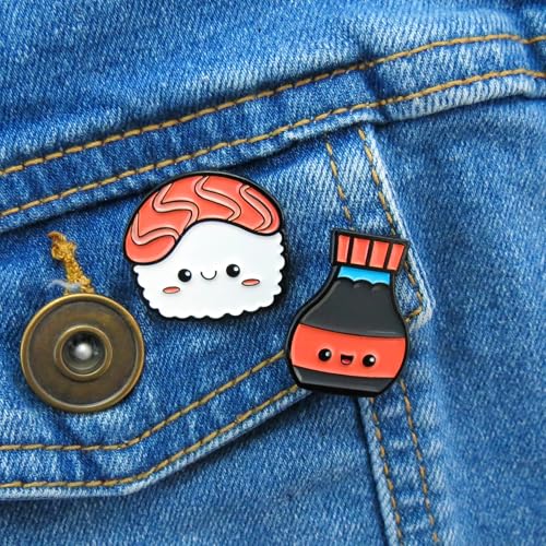 Enamel Pin Set (2 Pins Per Set) for Backpack, Bag, Lapel, Noodles, Food, Kawaii Button Collector - style: Sushi & Soy Sauce