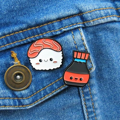Enamel Pin Set (2 Pins Per Set) for Backpack, Bag, Lapel, Noodles, Food, Kawaii Button Collector - style: Sushi & Soy Sauce