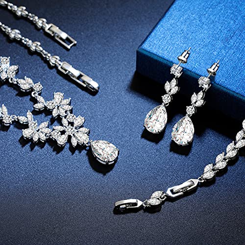 GULICX Wedding Jewelry for Bride, Silver Bridal Necklace Earrings Bracelet Set with Clear Cubic Zirconia, Bridemaids Jewelry Set for Wedding, Crystal Wedding Party Jewelry Set for Women Girls - color: White gold plated