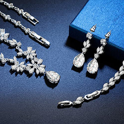 GULICX Wedding Jewelry for Bride, Silver Bridal Necklace Earrings Bracelet Set with Clear Cubic Zirconia, Bridemaids Jewelry Set for Wedding, Crystal Wedding Party Jewelry Set for Women Girls - color: White gold plated