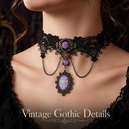Gothic Lace Choker Necklace for Women Victorian Cameo Pendant Black Floral Collar Jewelry Halloween Costume Accessory Fashion Gift