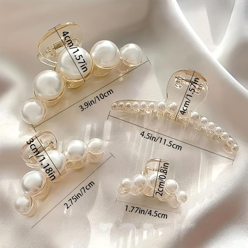 4PCS Multi-Size Faux Pearl Hair Claw Clips Set - Adjustable French Barrettes for Thick/Thin Hair, Wedding/Party Hair Accessories with 4 Different Sizes