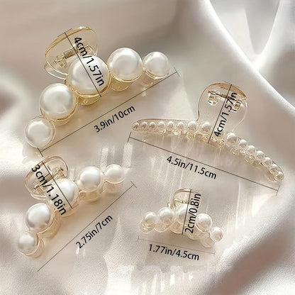 4PCS Multi-Size Faux Pearl Hair Claw Clips Set - Adjustable French Barrettes for Thick/Thin Hair, Wedding/Party Hair Accessories with 4 Different Sizes