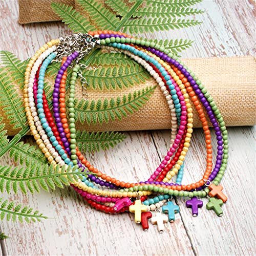 Small Dainty Cross Necklace Pendant Bohemian Turquoise Seed Bead Beaded Necklace Choker for Women Men Faith Jewelry Gift - color: 01 Red