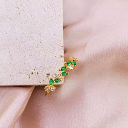 Gold Rings Non Tarnish Silver Adjustable Rings for Women Cubic Zirconia Leaf Ring Dainty Silver Stackable Ring for Women - style: green