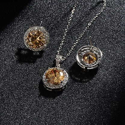 Bridal Crystal Jewelry Set - Sterling Silver Round Cubic Zirconia CZ Rhinestone Halo Birthstone Pendant Necklace Stud Earrings Set for Wedding Bride Bridesmaids Birthday Gift - color: Citrine Champagne