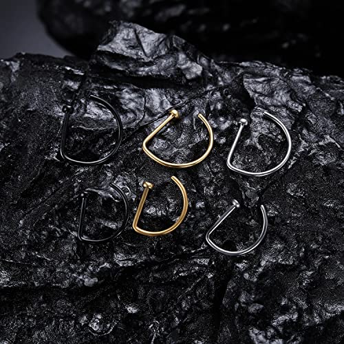 VOJO G23 Titanium 20G Nose Rings Hoops L Shaped Screw Nose Studs Diamond Small Piercing Jewelry for Women Men - color: D Nose Hoop Silver Gold Black,20G 8mm+10mm