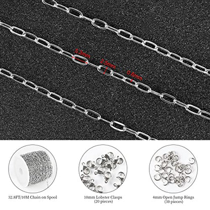 KYUNHOO 32.8 Feet 304 Stainless Steel Chains Bulk Silver Paperclip Chain | Silver Chain for Jewelry Making Small Paper Clip Chains Link on Spool with Clasps for Necklace Bracelet Craft - color: Paperclip Silver