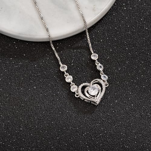 14K White Gold Plated Heart Bracelet for Women, Zircon Inlay Love Heart Charm Chain Bracelet Bangle with Adjustable Length - color: silver-white