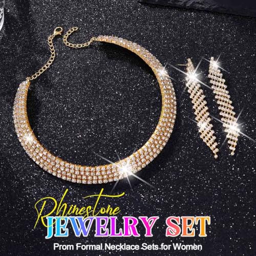 Rhinestone Bridal Wedding Jewelry Sets Silver Choker Necklace Earrings Set Prom Formal Costume Jewelry Set for Women and Brides - color: Gold