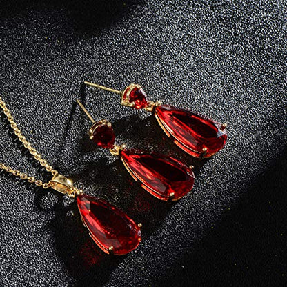 Wedding Jewelry Set for Bridesmaids - Sterling Silver Teardrop CZ Crystal Cubic Zirconia Rhinestone Diamond Bridal Necklace Earrings Set for Bride Mother of Bride Party Prom Birthstone Costume Jewelry - color: Jul-Ruby