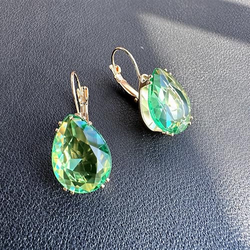 14K Gold Teardrop Crystal Leverback Earrings Sparkly Rhinestone Water Droplet Dangle Drop Earrings For Women - color: Grass Green