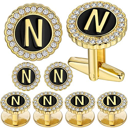 HAWSON 18K Gold Tone Initial Cufflinks for Men with Tuxedo Studs - Gift Boxed, Stylish Men's Jewelry Accessories for Weddings, Birthdays, Anniversaries, Father's Day - color: N-Cufflinks & Studs Set