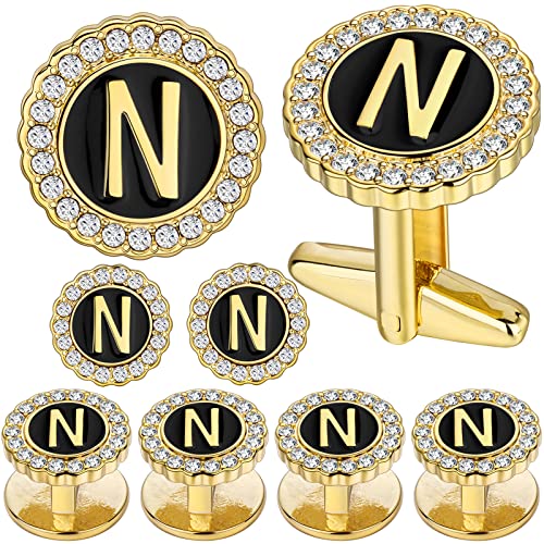 HAWSON 18K Gold Tone Initial Cufflinks for Men with Tuxedo Studs - Gift Boxed, Stylish Men's Jewelry Accessories for Weddings, Birthdays, Anniversaries, Father's Day - color: N-Cufflinks & Studs Set