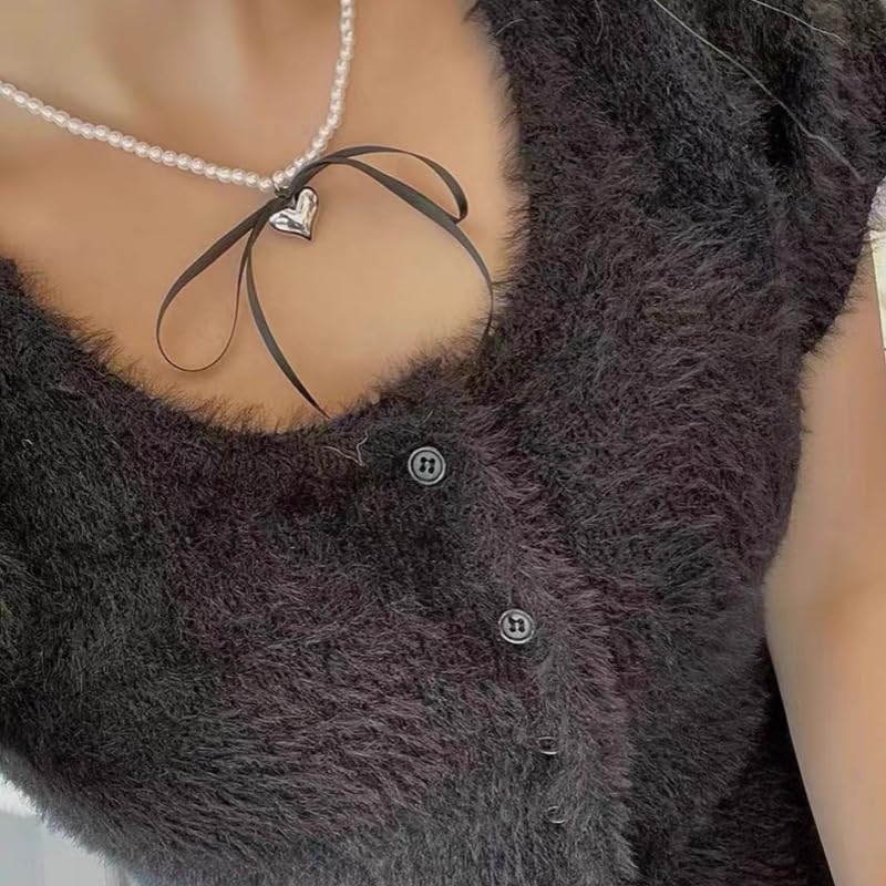 Pearl Ribbon Bow Choker Necklaces Y2k Coquette Necklace for Women - color: Black