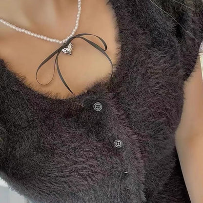 Pearl Ribbon Bow Choker Necklaces Y2k Coquette Necklace for Women - color: Black