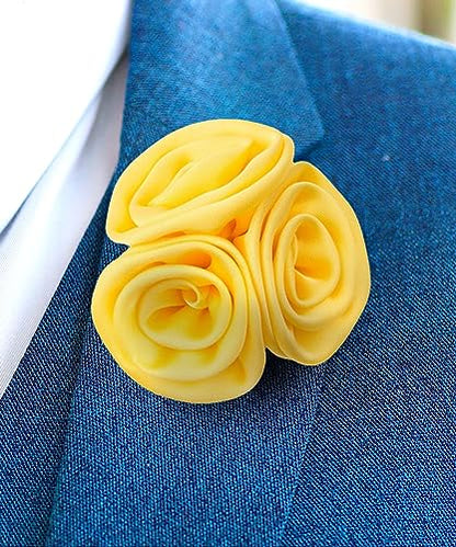 Premium Trio Cluster Flower Lapel Pin - Formal Boutonniere for Men, Flower Brooch Pin - color: Maize