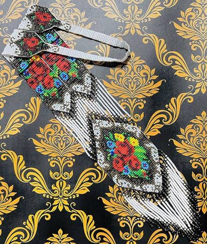 Long Beaded Necklace – Boho Native Handmade Seed Bead Tassel Necklace, Bohemian Large Statement Beaded Necklace for Women - color: White Rose Red
