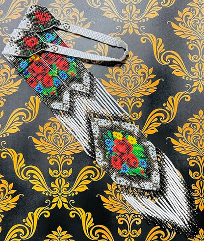Long Beaded Necklace – Boho Native Handmade Seed Bead Tassel Necklace, Bohemian Large Statement Beaded Necklace for Women - color: White Rose Red