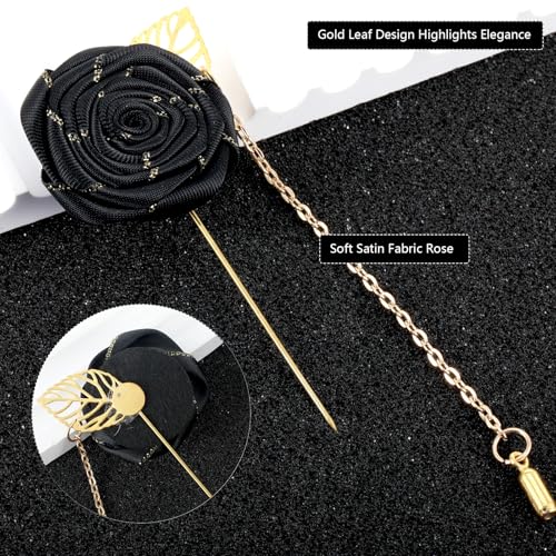 Gold Lapel Pin for Men, Gold Foil Brooch Men's White Flower Satin Lapel Pin with Metal Chain for Suits Professional Tuxedo Groom Wedding Brooch - color: Black