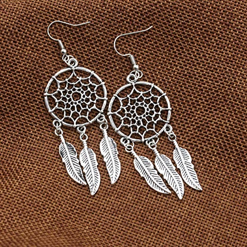 KaFu Woman Retro Silver BOHO Style Metal Dangle Drop Earrings Dream Catcher Statement Feather Dangle Tassels Turquoise Earrings for Women Girls - color: Silver-2