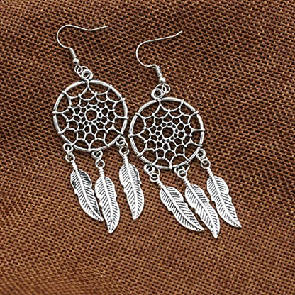 KaFu Woman Retro Silver BOHO Style Metal Dangle Drop Earrings Dream Catcher Statement Feather Dangle Tassels Turquoise Earrings for Women Girls - color: Silver-2
