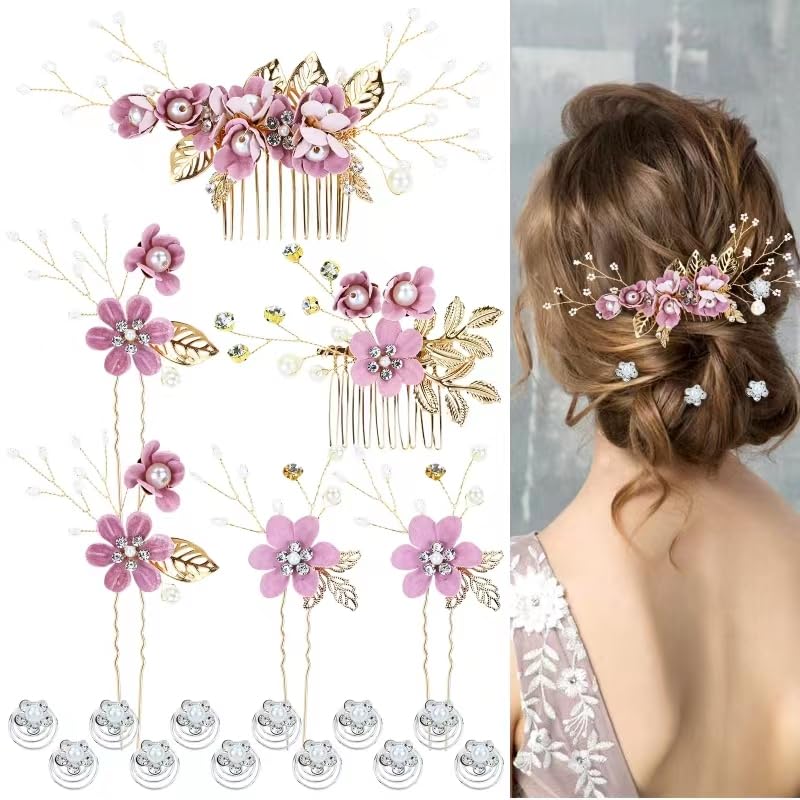 Cinaci 18 Pieces Bridal Wedding Party Prom Pearl Rhinestone Purple Flower Hair Side Combs Slides+U-shaped Flower Hair Pins+Twist Spiral Hairpins Floral Headpieces for Brides Bridesmaids Women Girls - color: Purple