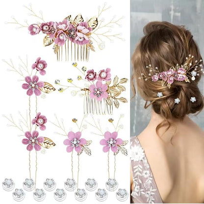 Cinaci 18 Pieces Bridal Wedding Party Prom Pearl Rhinestone Purple Flower Hair Side Combs Slides+U-shaped Flower Hair Pins+Twist Spiral Hairpins Floral Headpieces for Brides Bridesmaids Women Girls - color: Purple