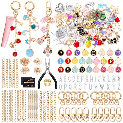 Wurosi 325PCS Charms Lip Gloss Keychain Making Kit, DIY Bag Charm Kit | Included 20 Keychain Clips 25 Extender Chain 118 Charms Jewelry Plier, Keychain Making Supplies for Jewelry Making,Xmas Gifts - color: 325 Pcs Gold Keychain Kits