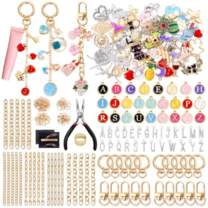 Wurosi 325PCS Charms Lip Gloss Keychain Making Kit, DIY Bag Charm Kit | Included 20 Keychain Clips 25 Extender Chain 118 Charms Jewelry Plier, Keychain Making Supplies for Jewelry Making,Xmas Gifts - color: 325 Pcs Gold Keychain Kits