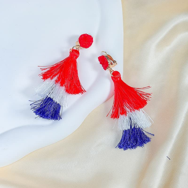 Boho Statement Tassel Earrings - Clip On Feather Dangling Fringe Earrings for Women - Non Piercing Jewelry for Vacation, Beach, Bride, Bachelorette, Costume, Prom - color: Red White Blue Clip On