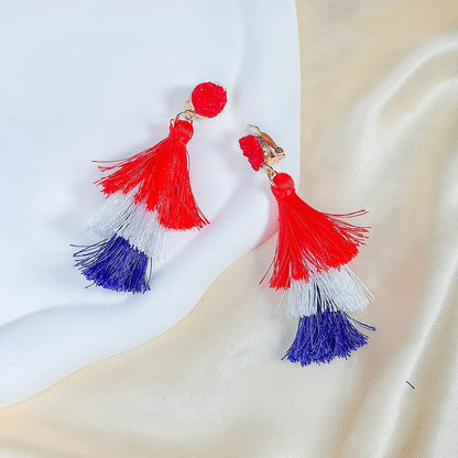 Boho Statement Tassel Earrings - Clip On Feather Dangling Fringe Earrings for Women - Non Piercing Jewelry for Vacation, Beach, Bride, Bachelorette, Costume, Prom - color: Red White Blue Clip On