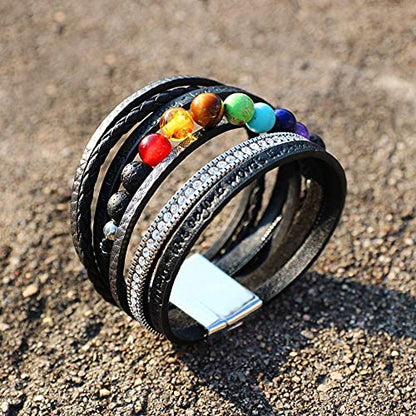 Vercret Leather Wrap Bracelet for Women, Multi-Layer Cuff Bangle | Boho Stacked Bracelets with Safe Clasp Western Bangle Jewelry Gift for Lady and Mom Sister Friend - style: Chakra